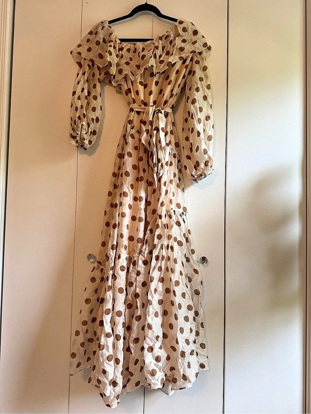 Mango Tuula Dress Polka Dot Maxi Dress Cream & Brown XL NWT
